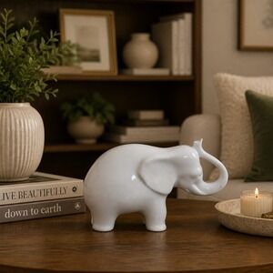 Vintage Naaman Israel Porcelain Elephant Figurine White Good Luck MCM Decor Zen